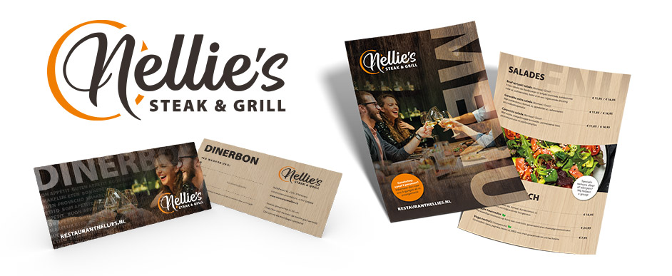 Voor Restaurant Nellie's - Steak & Grill in Emmen hebben wij het nieuwe logo, de huisstijl, diverse menukaarten en een dinerbon mogen ontwerpen en bedrukken.